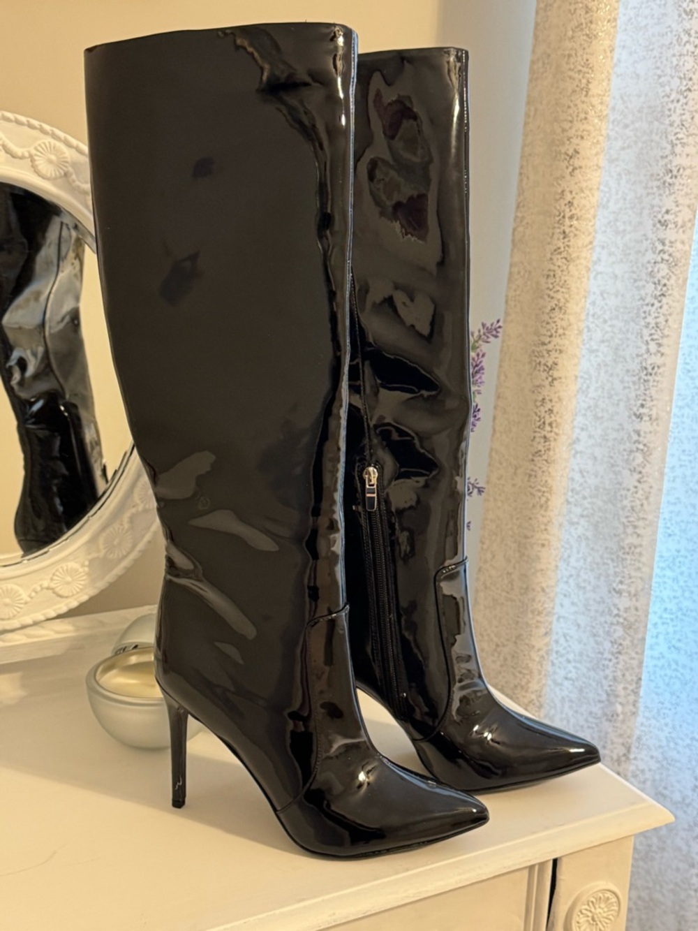 Nine West Black Patent Knee-High Stiletto Boots